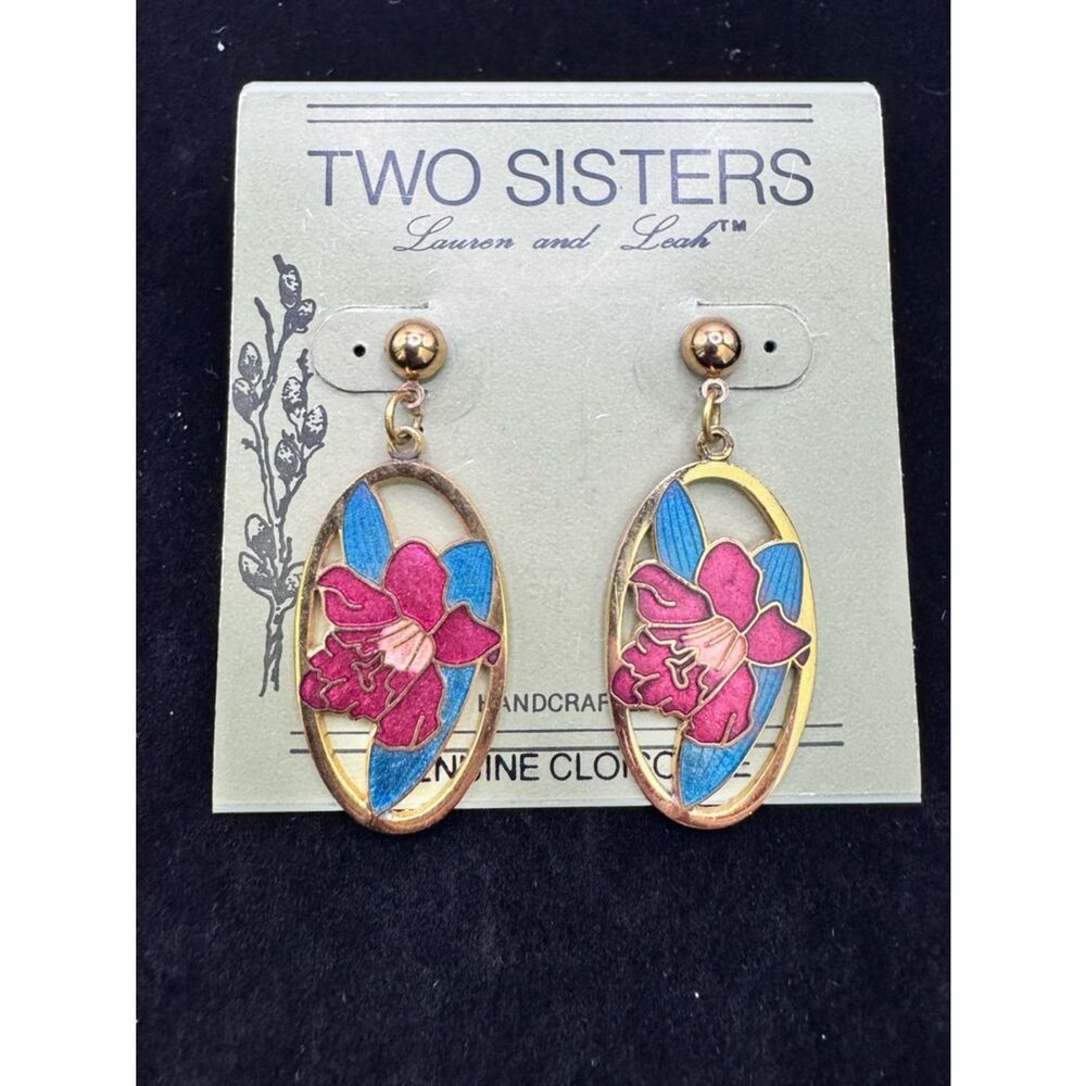 Vintage Pierced NOS Genuine Cloisonné Floral Pierced Earrings Two Sisters